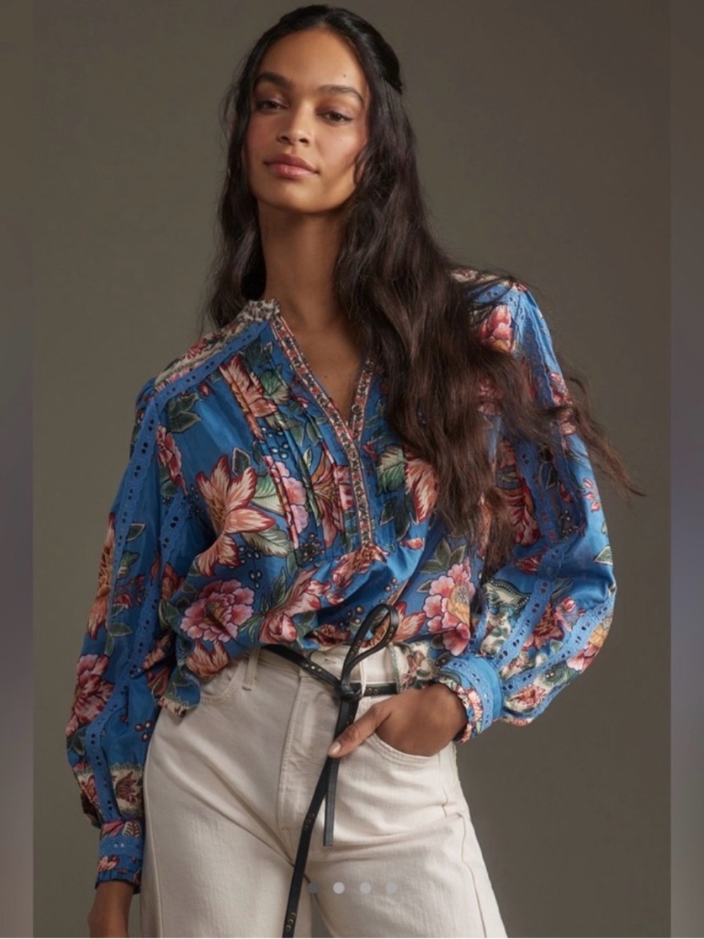 Farm Rio Wonderful Bouquet Blue Long Sleeve Blouse